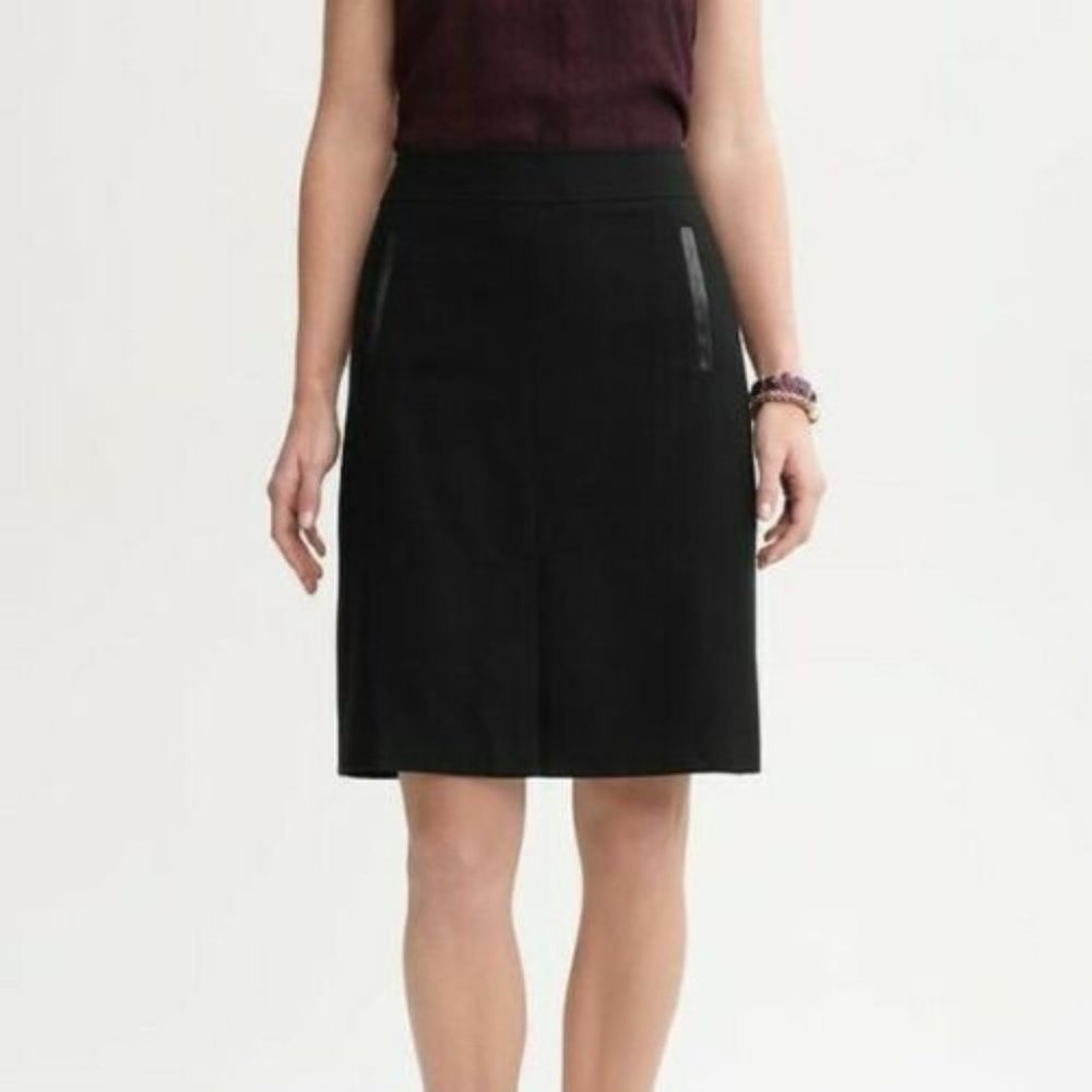Banana Republic Women 6 Black Wool Skirt Pocket Faux Leather Trim Front Slit